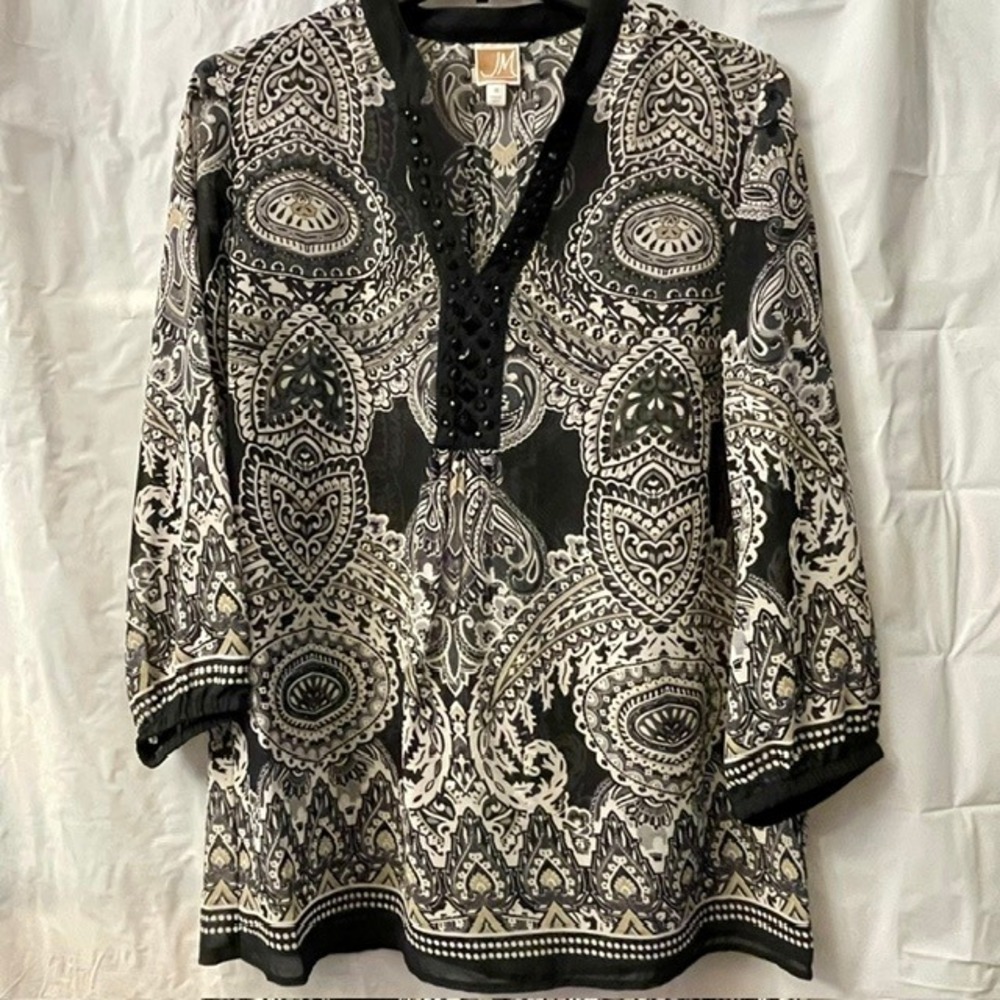 JM Collection Indie Boho Paisley Sheer Tunic Top Embellished Mandala Print Sz 10